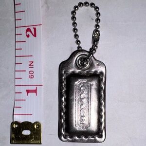 Coach Silver Leather Hangtag Fob Keychain with Ball silver Chain 1.5”